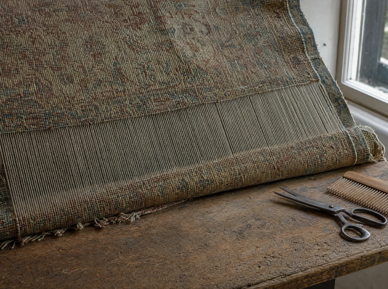 Dos d'un tapis ancien posé sur un établi, chaîne fraîchement restaurée, peigne en bois et ciseaux (illustration)