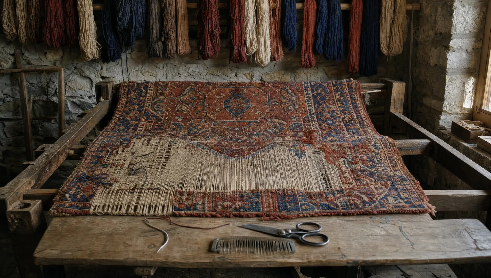 Établi de restauration : tapis ancien à moitié retissé sur un cadre, écheveaux de laine teints au-dessus (illustration)