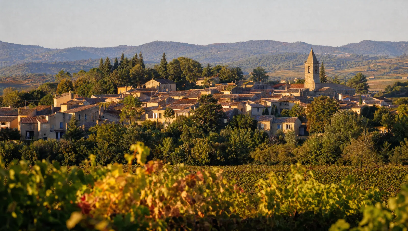 Village viticole de l'Hérault, maisons de pierre ocre, clocher et vignes à l'automne (illustration)