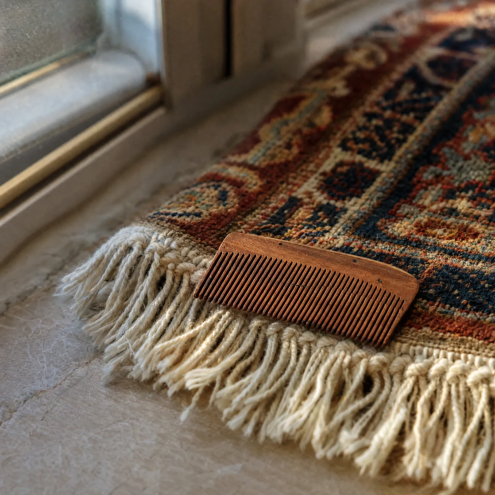 Franges de coton ivoire renouées au bout d'un tapis d'orient, petit peigne en bois (illustration)