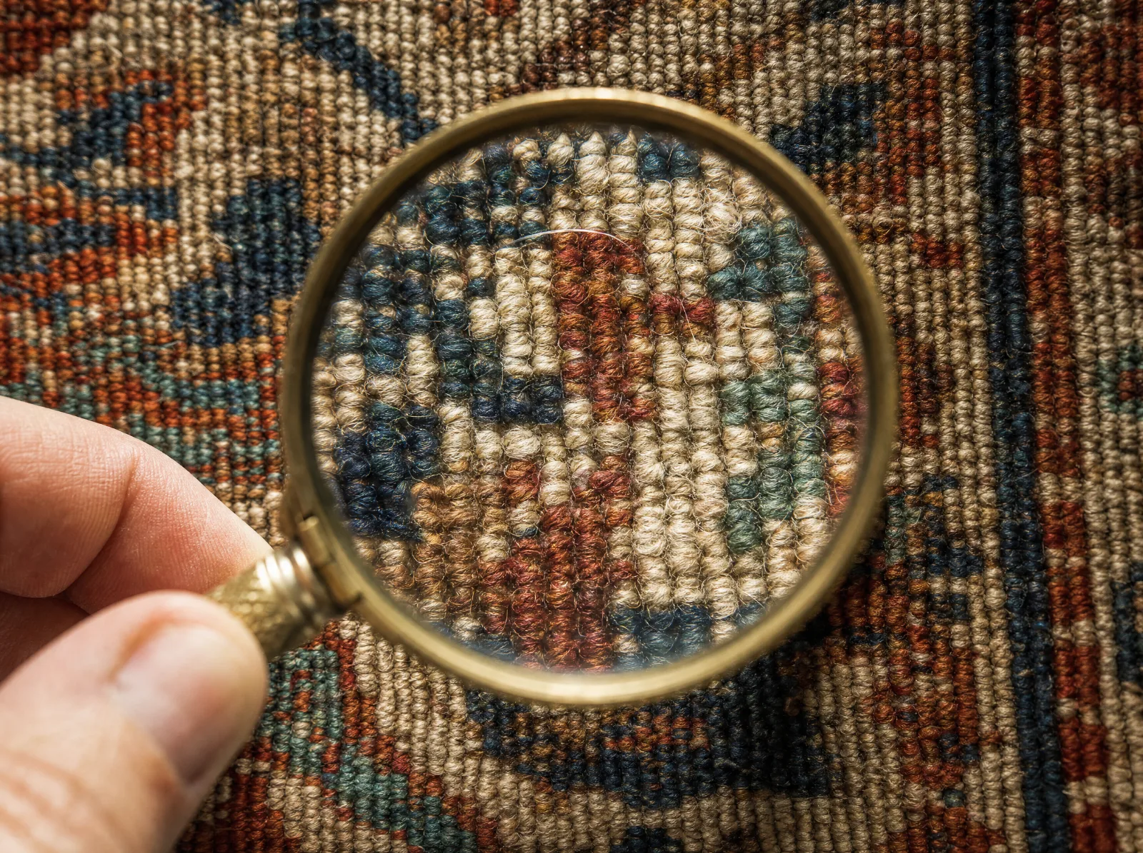 Nœuds serrés au dos d'un tapis noué main observés à la loupe (illustration)