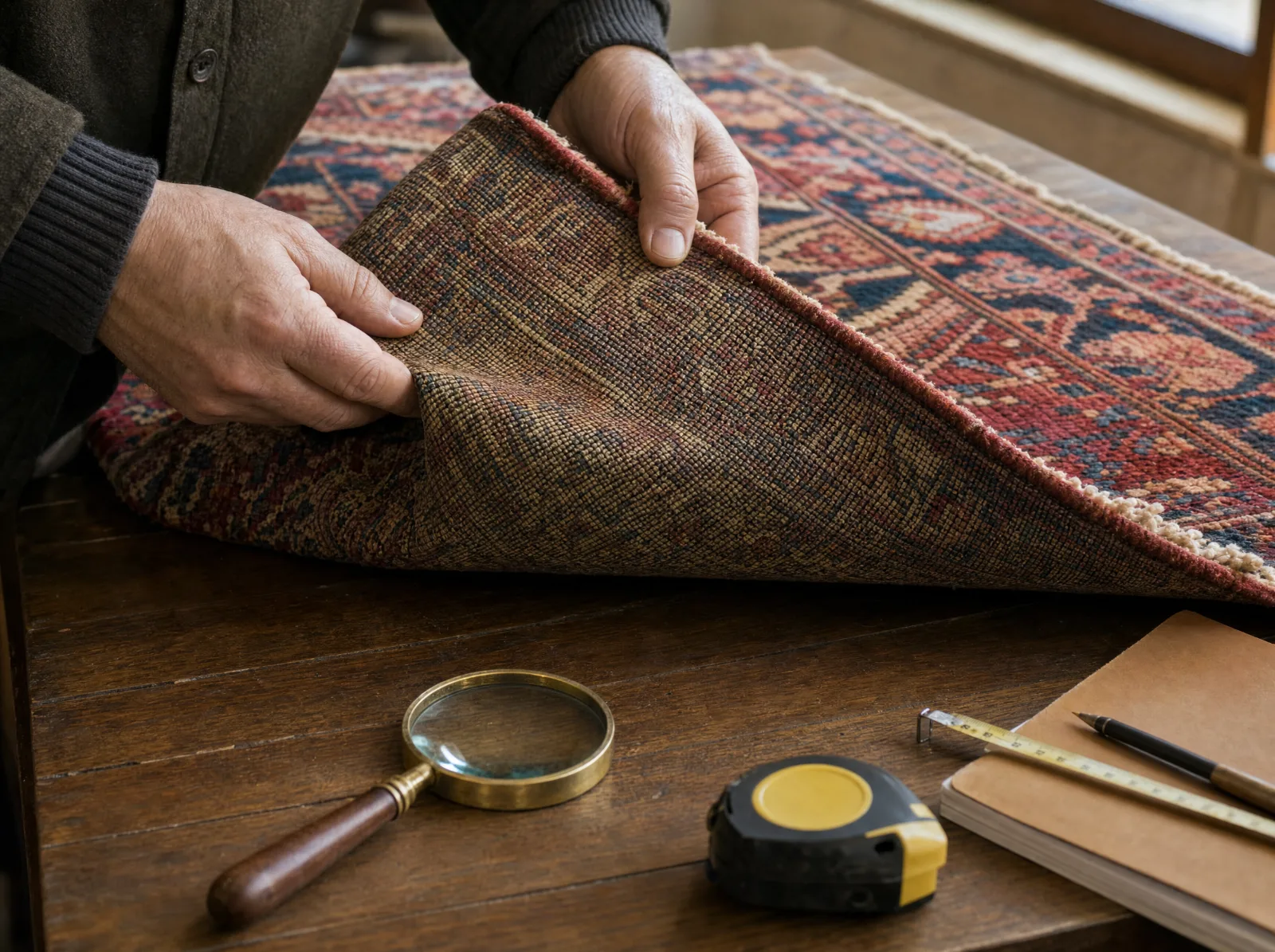 Examen du dos d'un tapis ancien : loupe, mètre ruban et carnet posés sur la table (illustration)
