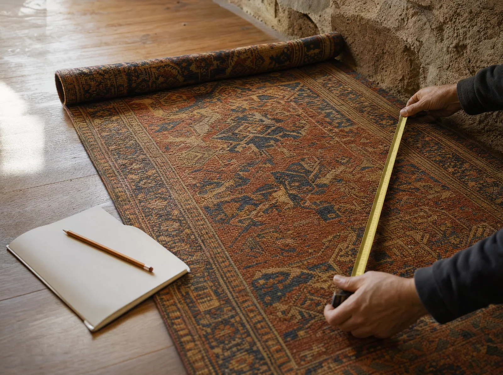 Mesure d'un tapis ancien déroulé sur un plancher, mètre ruban, carnet et crayon (illustration)
