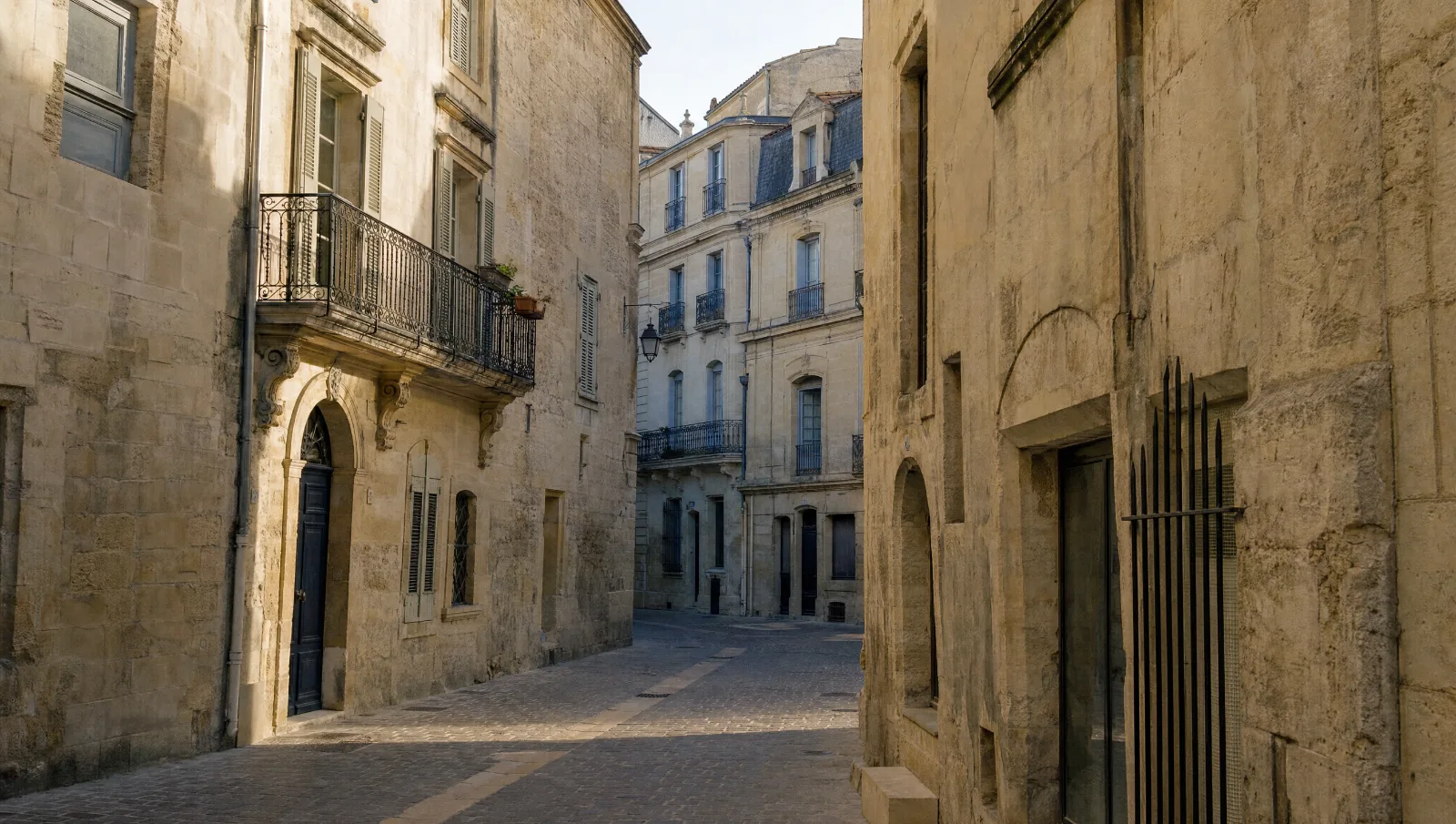 Rue étroite du centre ancien de Montpellier, façades de pierre claire et balcons en fer forgé (illustration)