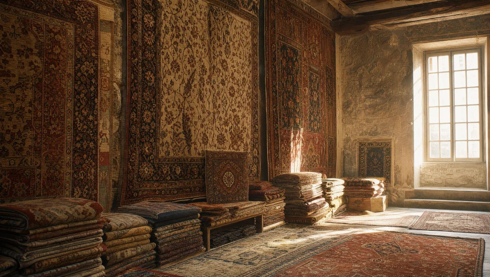 Salle d'exposition de tapis anciens dans un bâtiment de pierre, tapis accrochés et empilés (illustration)