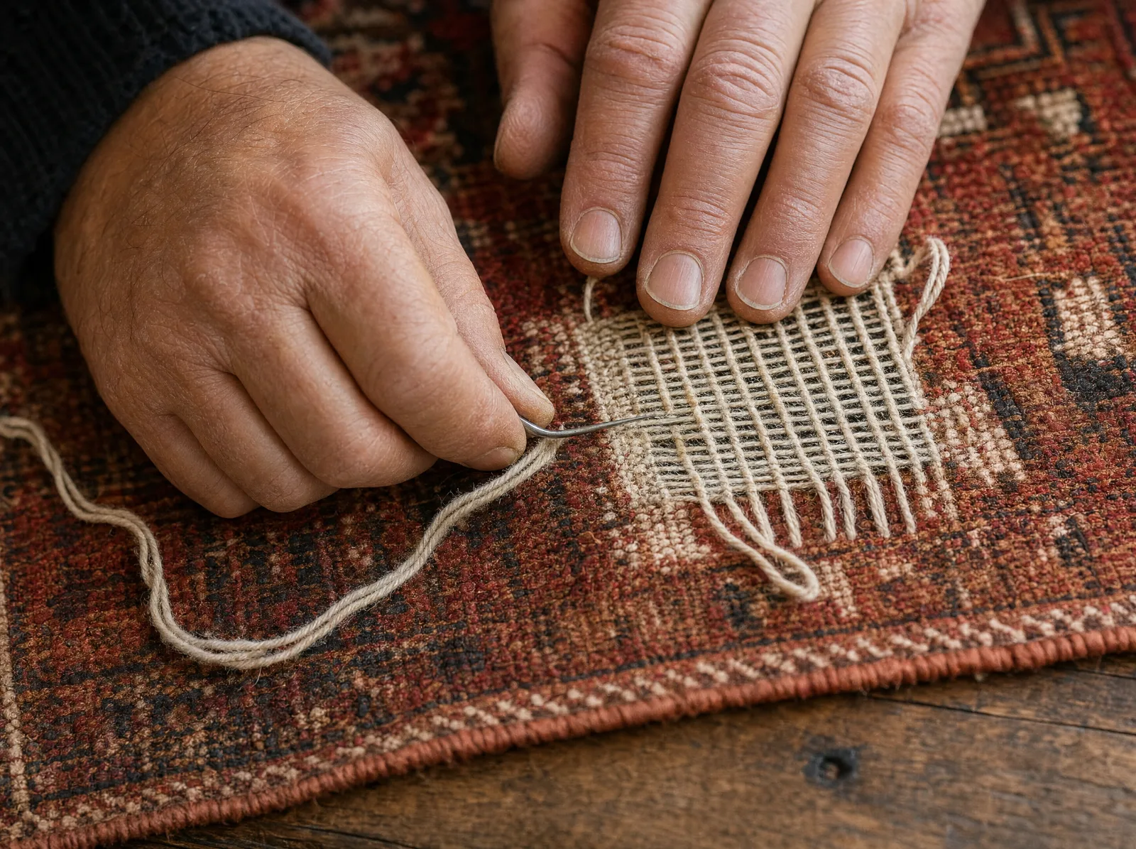 Mains reprenant à l'aiguille une lacune dans un tapis d'orient, fil de laine assorti (illustration)