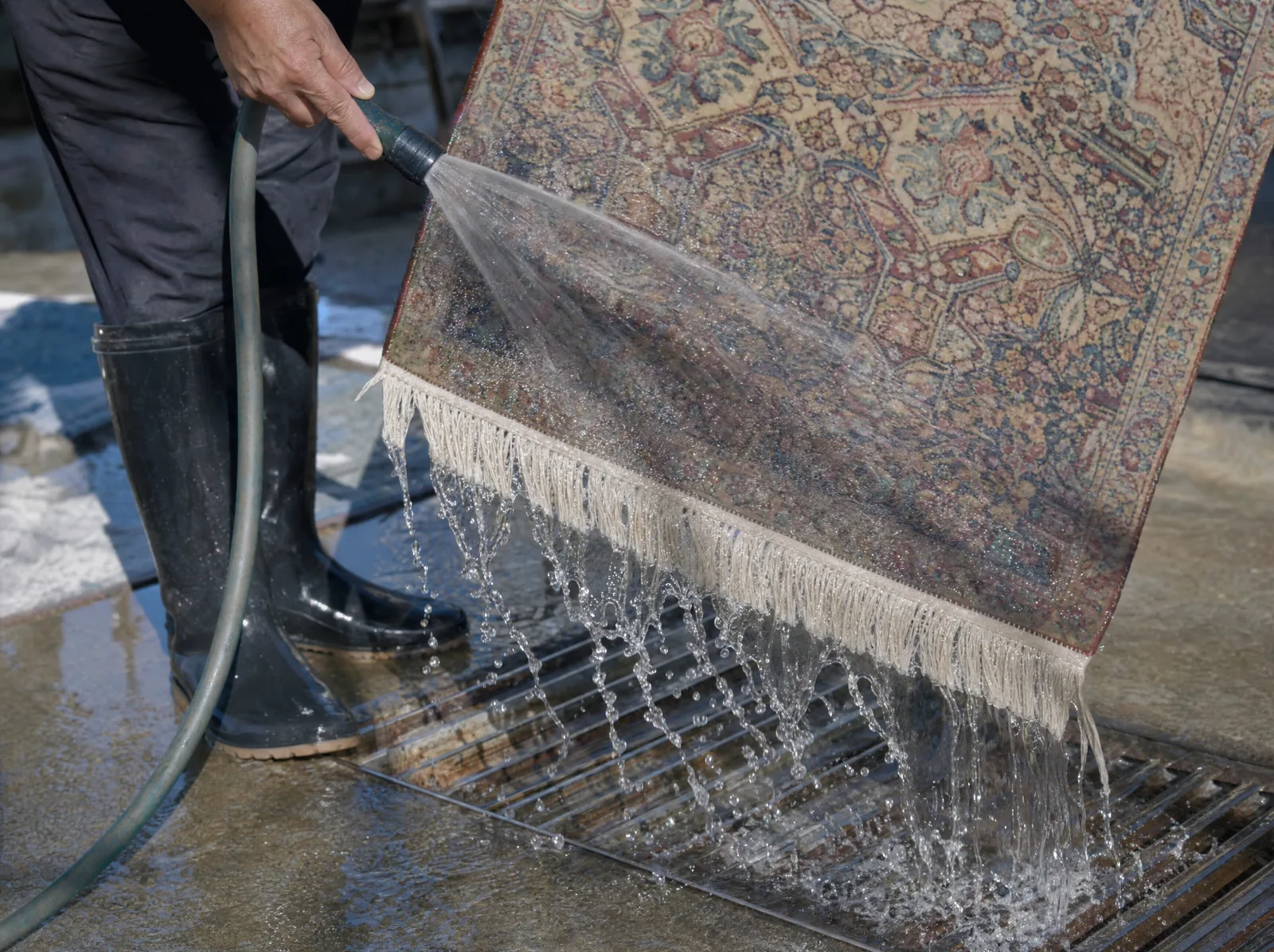 Rinçage d'un tapis de laine au jet d'eau claire dans un atelier (illustration)