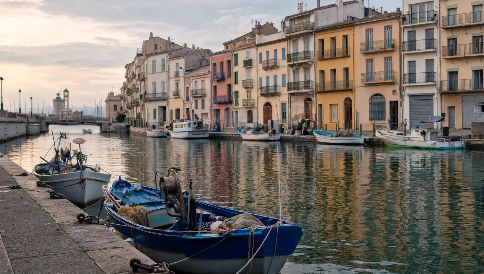 Canal à Sète avec petits bateaux de pêche amarrés et maisons colorées le long du quai (illustration)