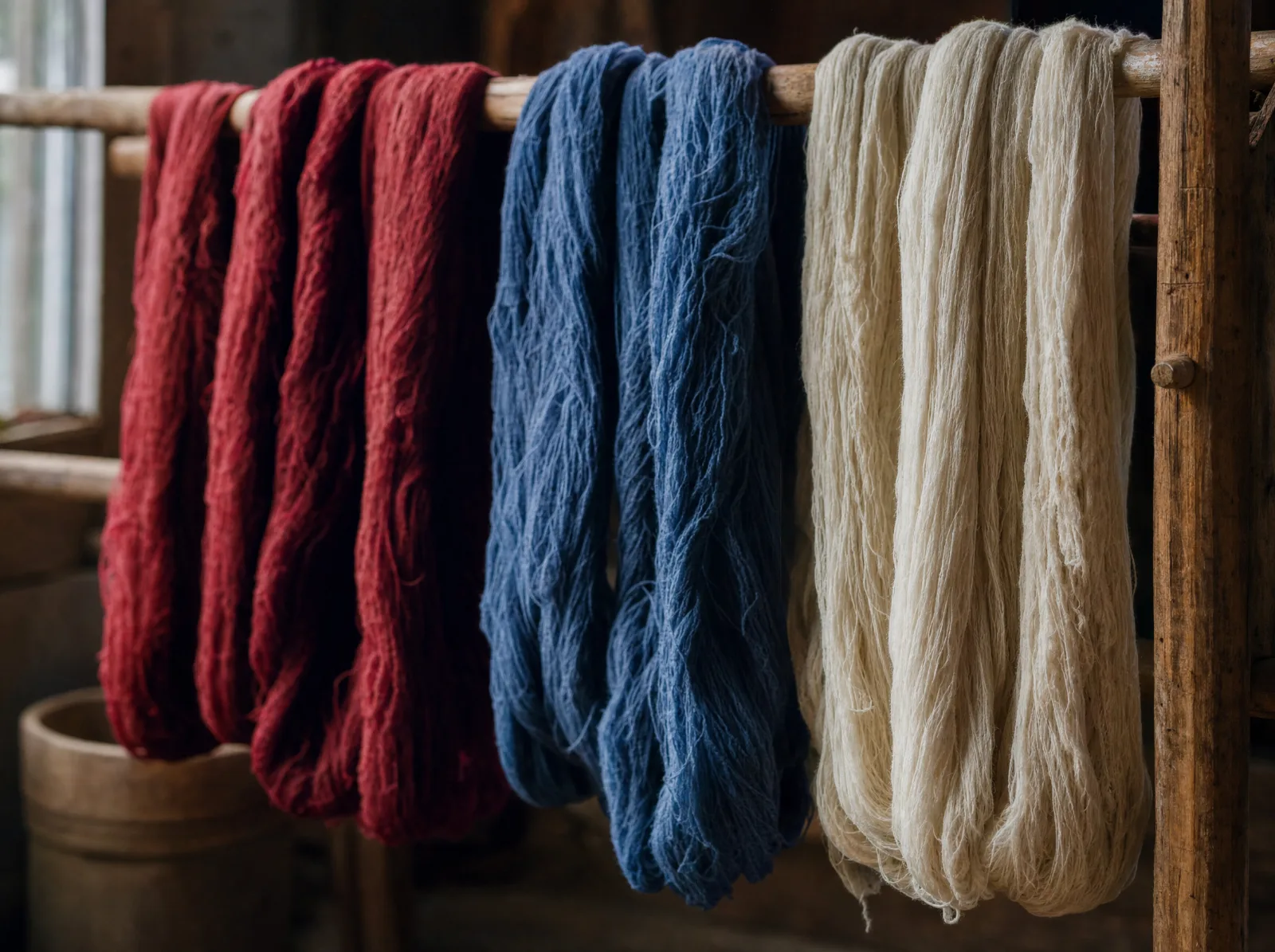 Écheveaux de laine teints en rouge garance, bleu indigo et ivoire suspendus sur un séchoir en bois (illustration)
