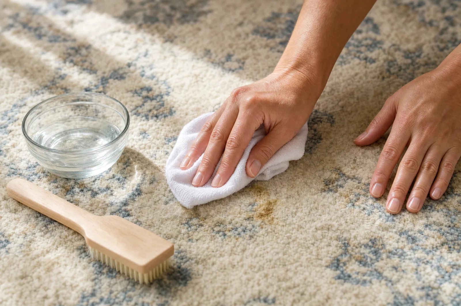 Traitement délicat d'une tache sur un tapis crème et bleu avec un linge de coton et un bol d'eau claire (illustration)