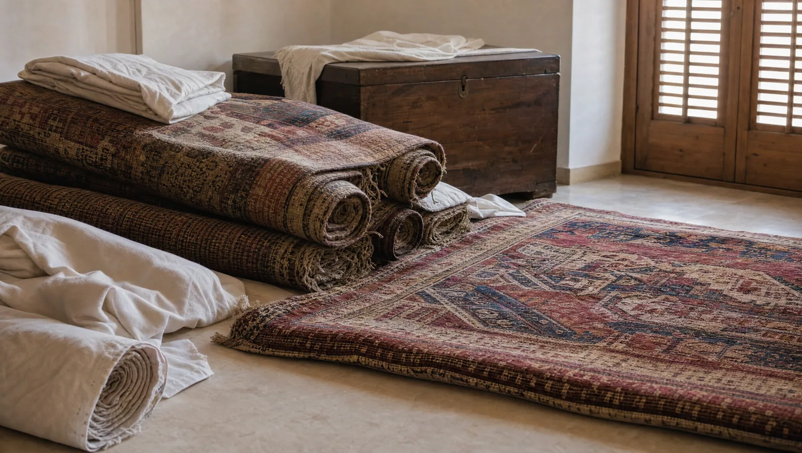 Vieux tapis roulés et empilés dans une pièce de maison familiale, l'un déroulé pour montrer son dessin (illustration)