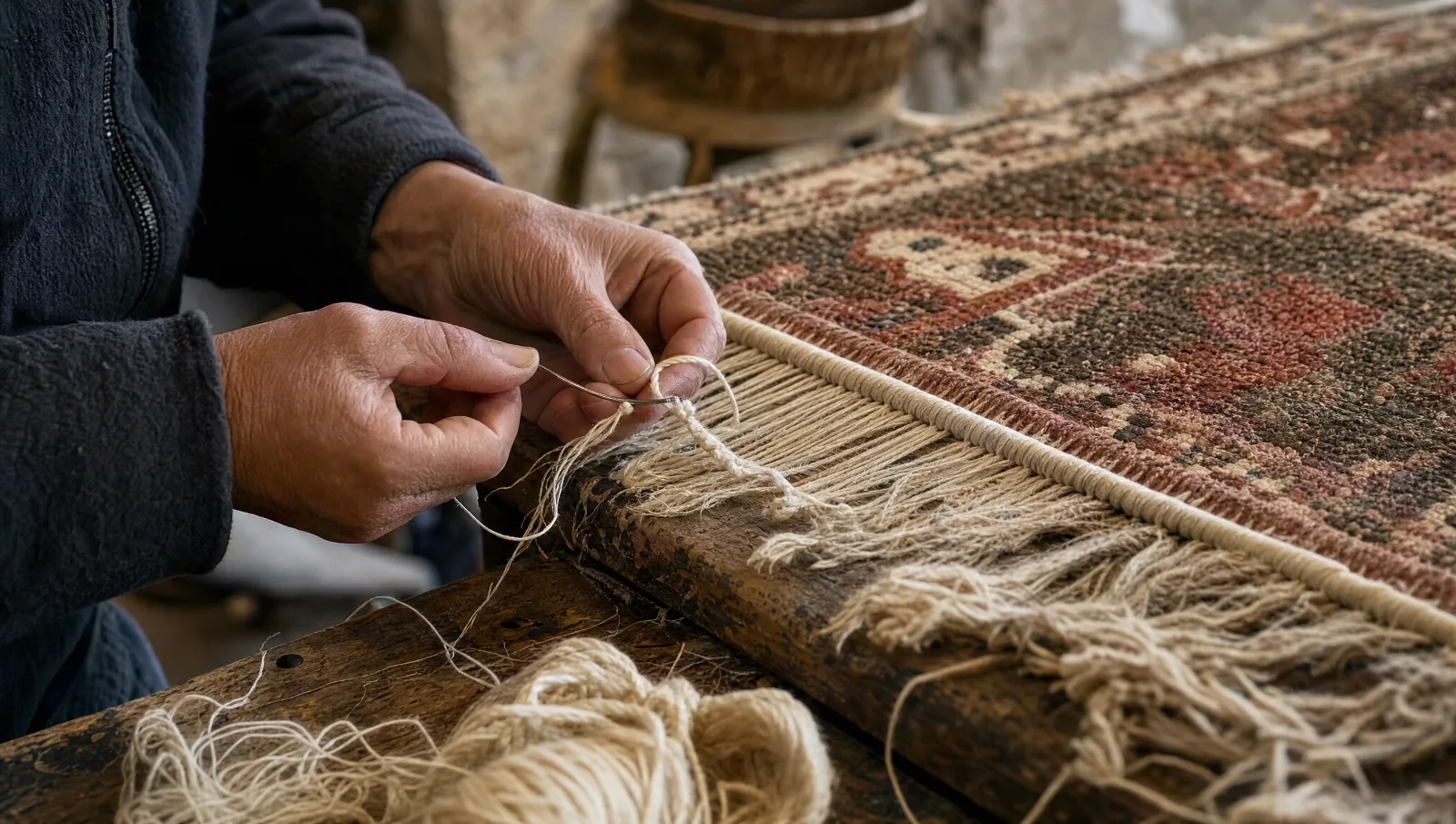 Réfection de franges : extrémité d'un tapis dont la frange est reprise à la main avec une aiguille courbe (illustration)