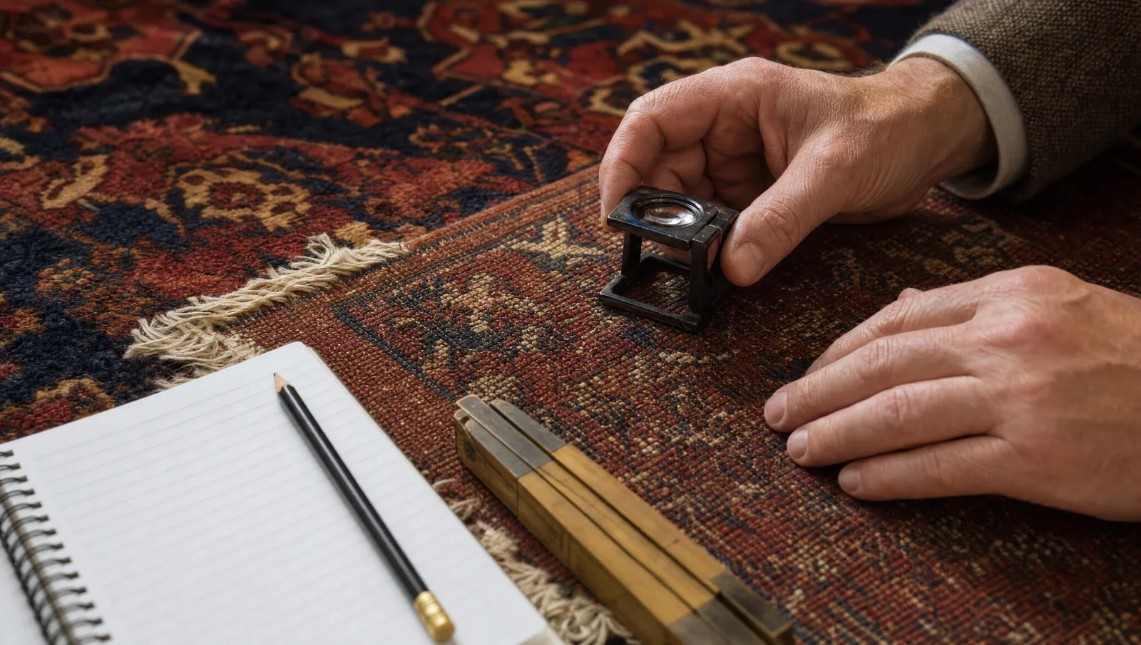 Examen du dos d'un tapis ancien à la loupe pour compter les nœuds, carnet et mètre pliant à côté (illustration)