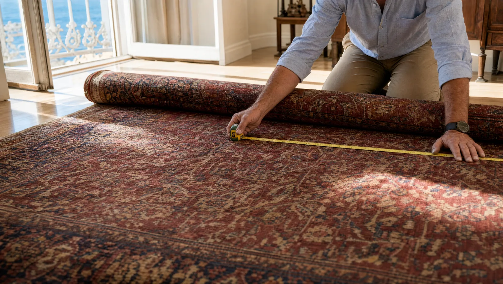 Grand tapis persan bordeaux, bleu marine et beige déroulé sur un parquet clair, mesuré au mètre ruban (illustration)