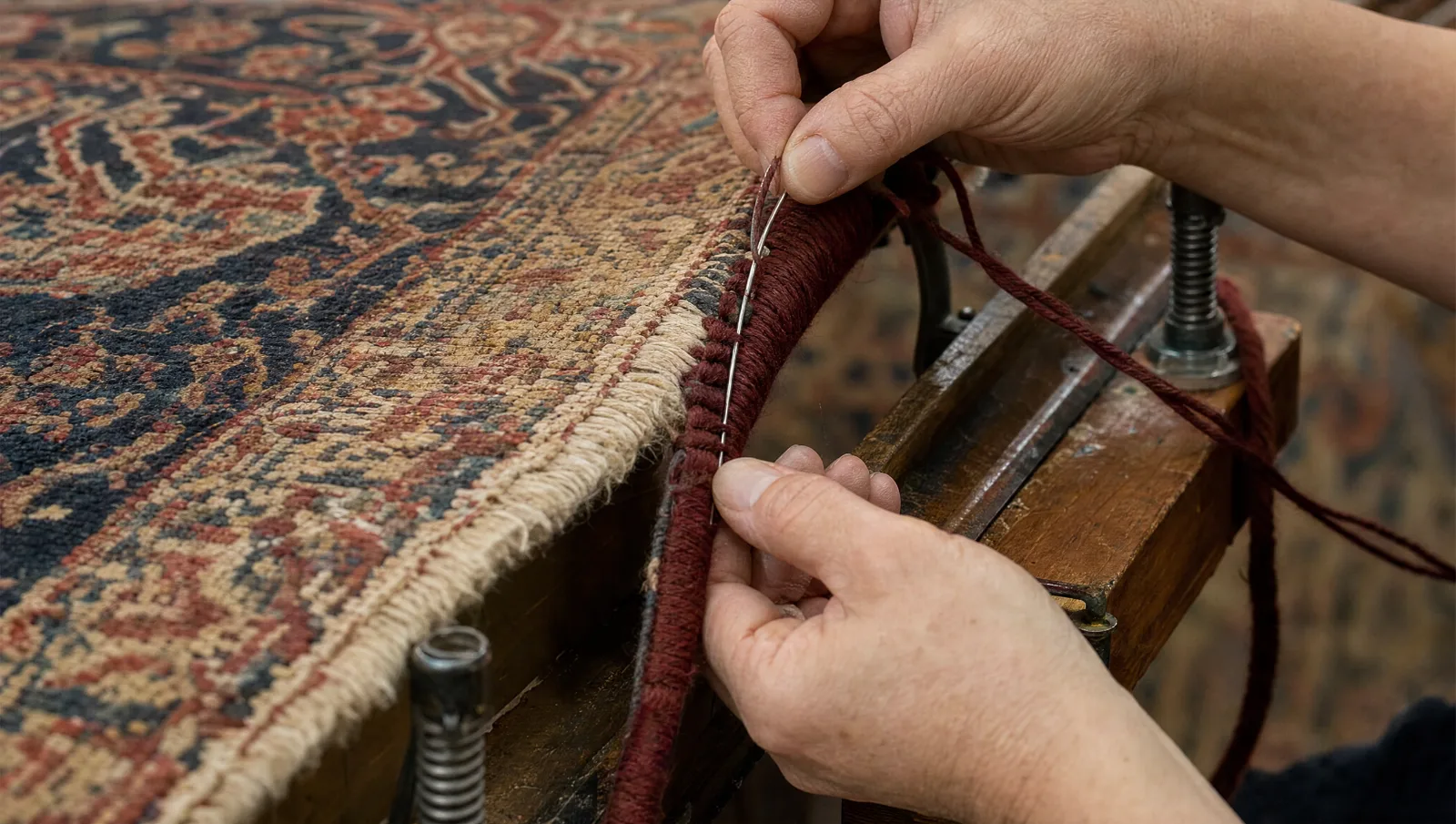 Réfection d'une lisière de tapis avec de la laine bordeaux cousue à la main, tapis maintenu par des serre-joints (illustration)