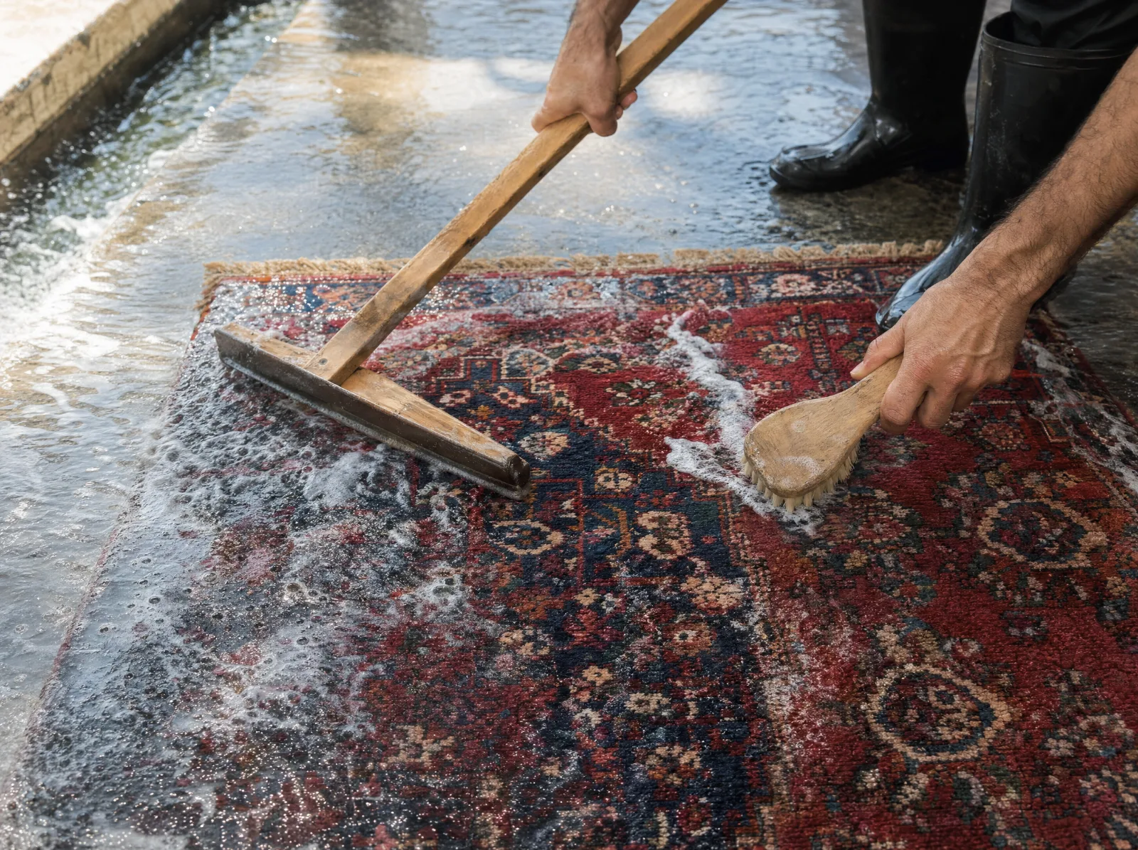 Lavage à la main d'un tapis d'orient sur un sol de lavage, eau claire, racloir et brosse (illustration)