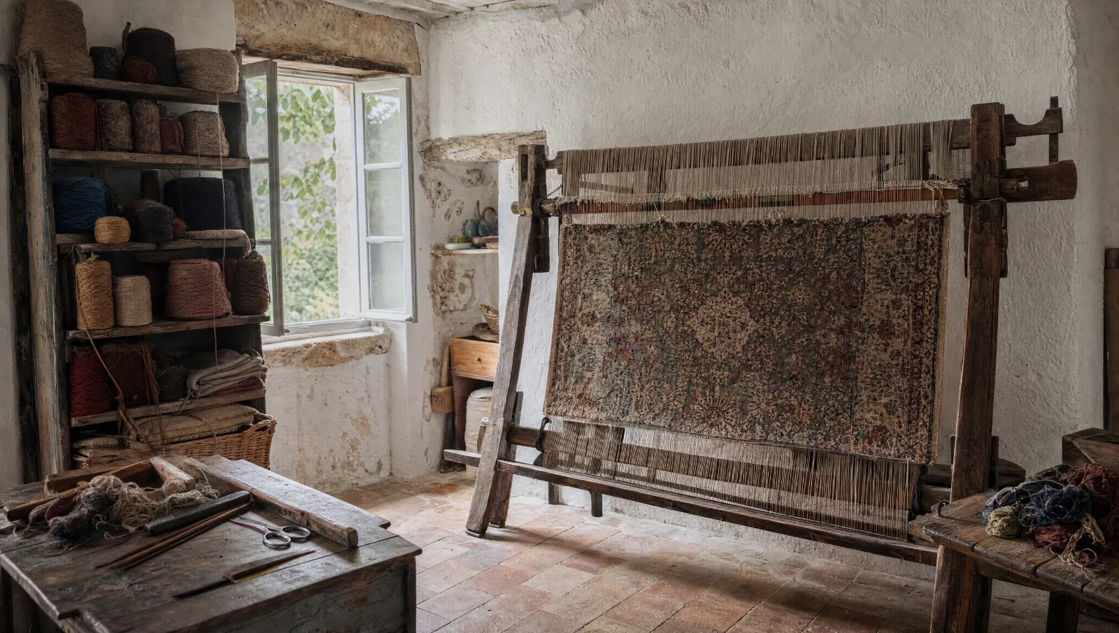 Atelier de restauration de tapis : grand tapis ancien tendu sur un métier à tisser, pelotes de laine sur une étagère (illustration)